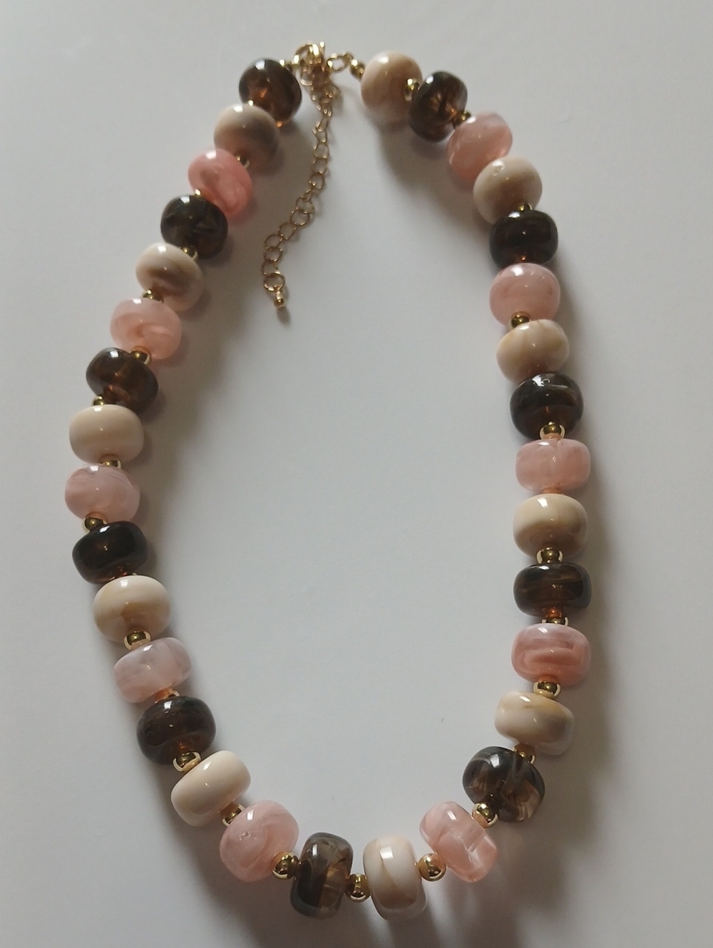 Fashion Jewelry Pink, Cream & Brown Beaded Necklace with Gold Accents